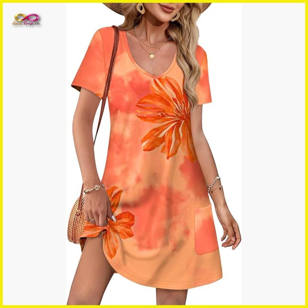 V-Neck Short Sleeve T-Shirt Dress Loose Fit Casual Sundress with Pockets
